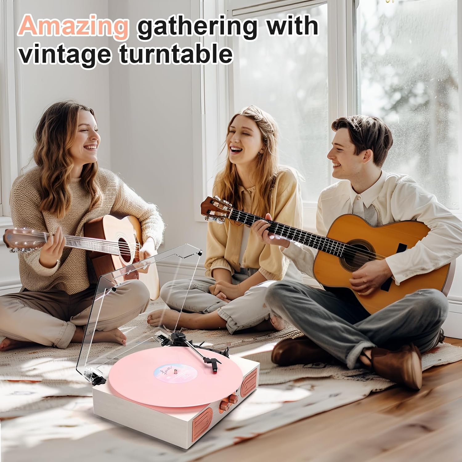 Color White  rose Gold Vinyl Record Player with Built-in Speakers 3-Speed Vintage Record Player Support Treble& Bass Control, 3.5mm Headphone Jack, RCA-Out/Aux in, Belt-Driven LP Turntable,White Rose Gold